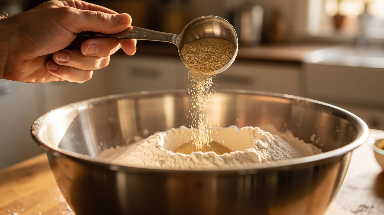 hand pouring yeast from a measuring spoon into a mixing bowl