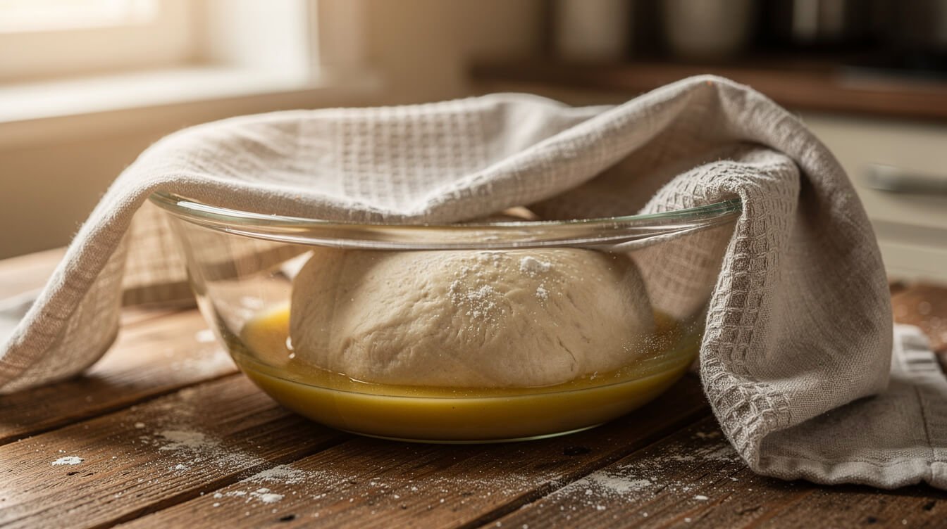 ball of pizza dough resting in an oiled bowl covered with a towel