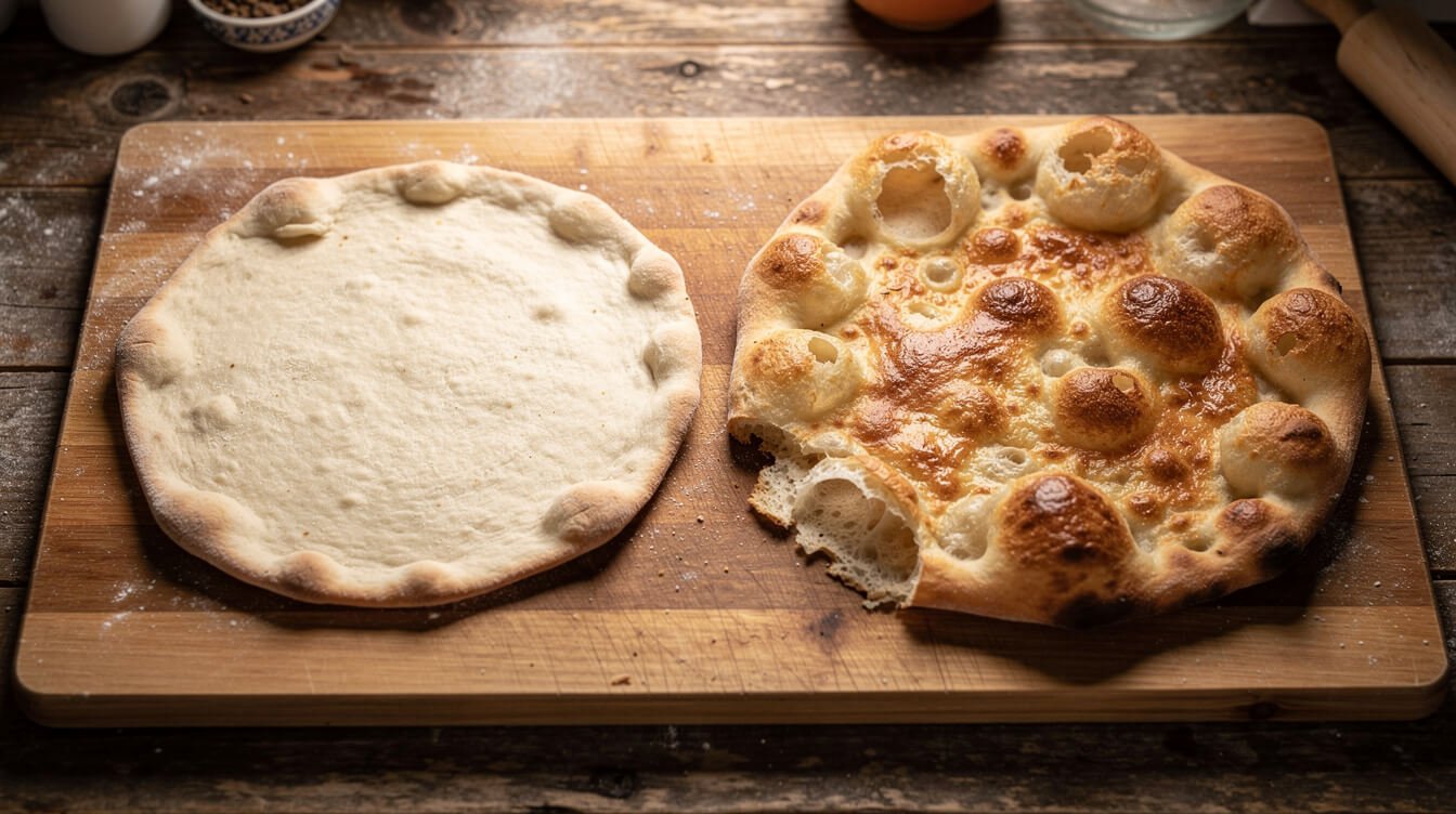 side by side comparison of a flat dense pizza crust and a properly risen pizza crust with air bubbles