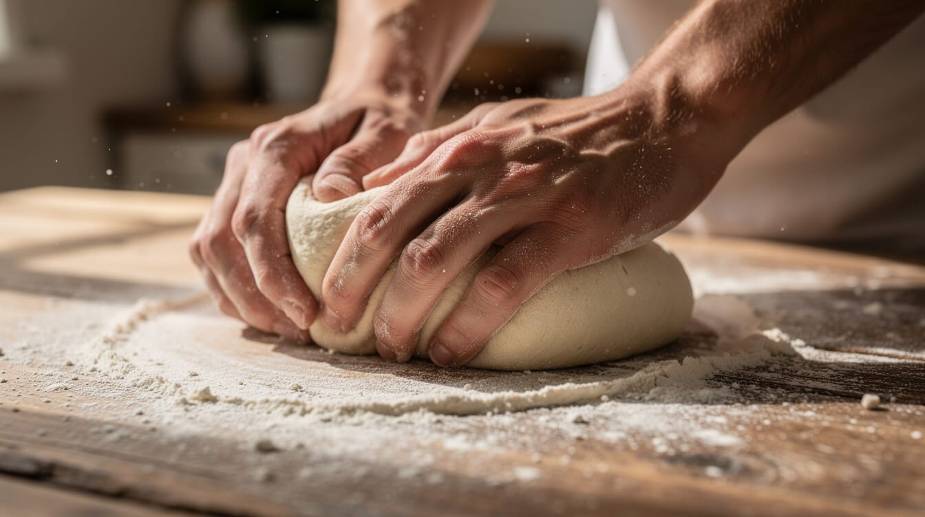 close-up of hands kneading pizza dough on a floured wooden countertop