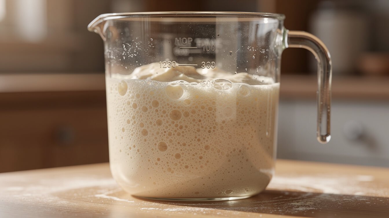 foamy proofed yeast mixture in a clear glass measuring cup