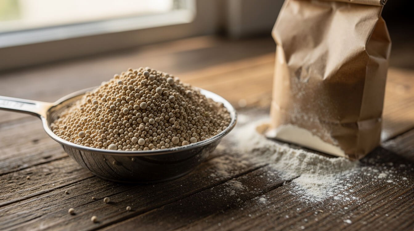 measuring spoon of active dry yeast next to a bag of flour on a wood counter