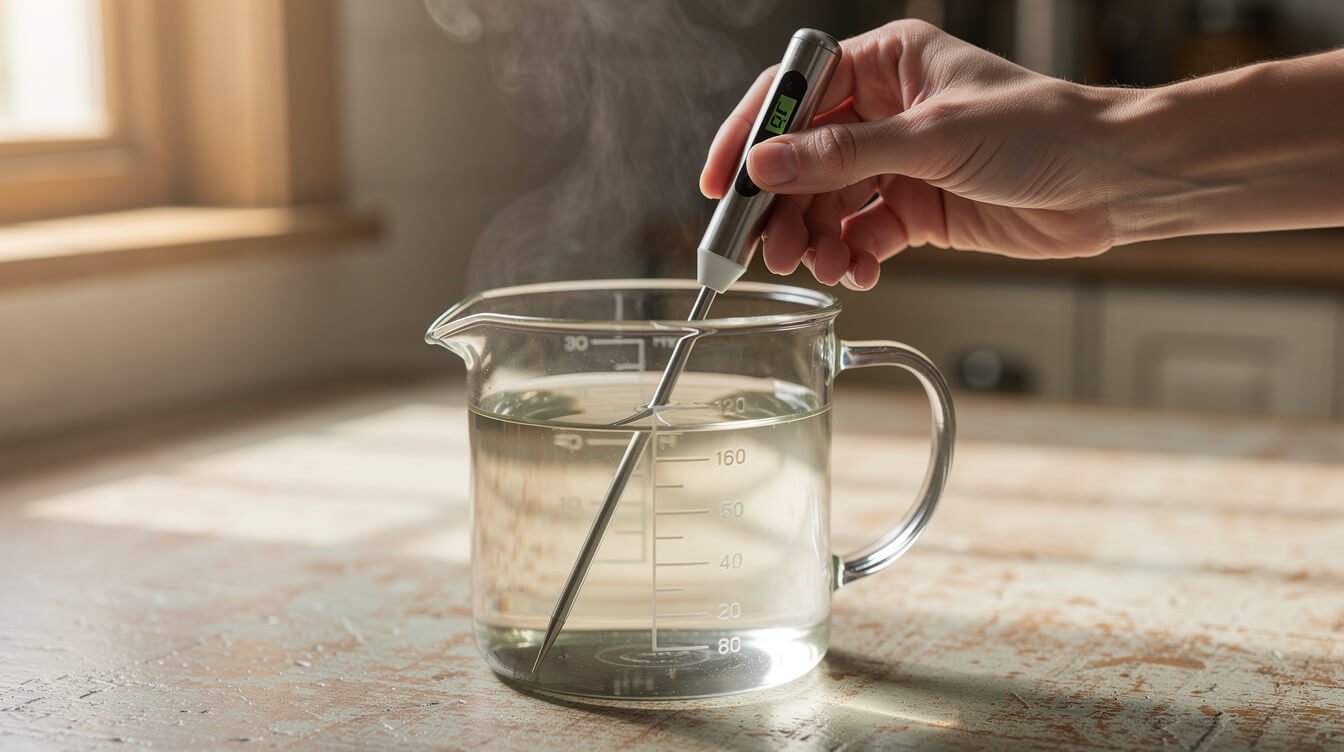 instant read thermometer measuring warm water in a glass measuring cup for pizza dough
