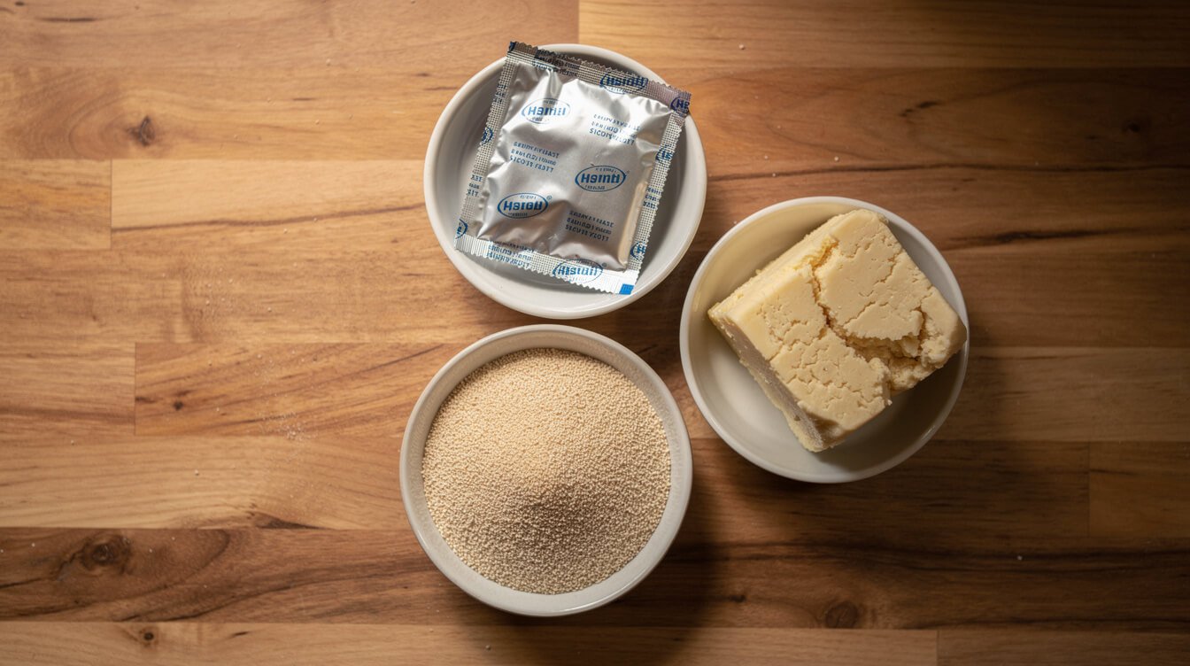 three types of yeast in small bowls, jar of instant yeast, packet of active dry yeast, block of fresh yeast