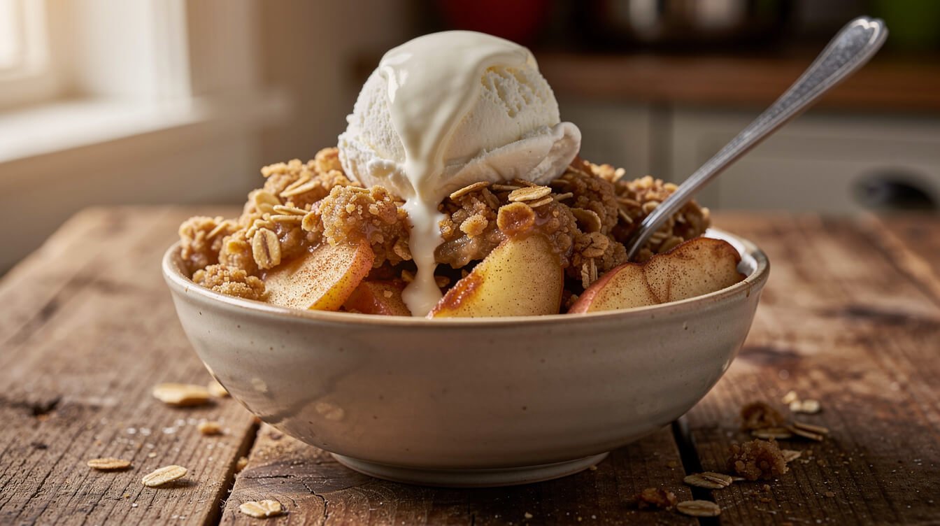 bowl of warm apple crisp topped with vanilla ice cream