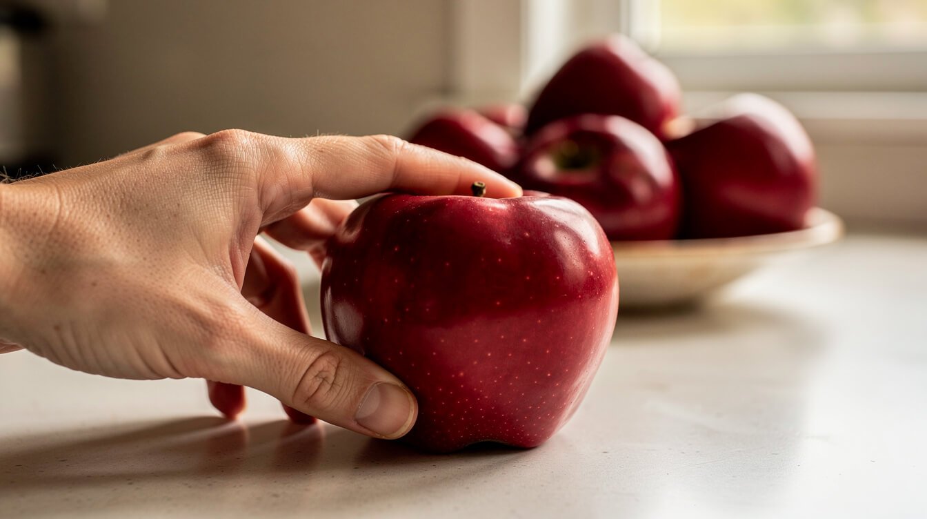 pressing a thumb against an apple to test firmness before baking