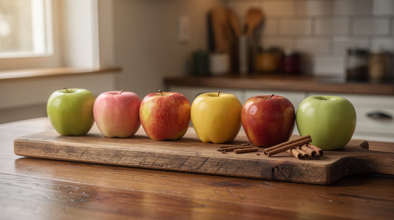 row of different apple varieties for baking on a wooden board