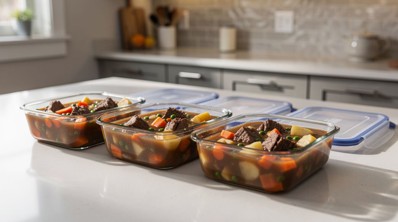 Beef stew leftovers portioned into glass containers for the fridge