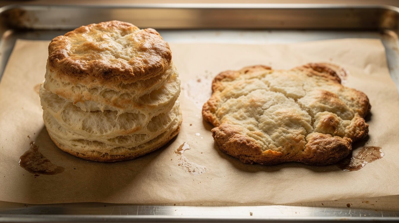 tall flaky biscuit next to a flat biscuit that spread