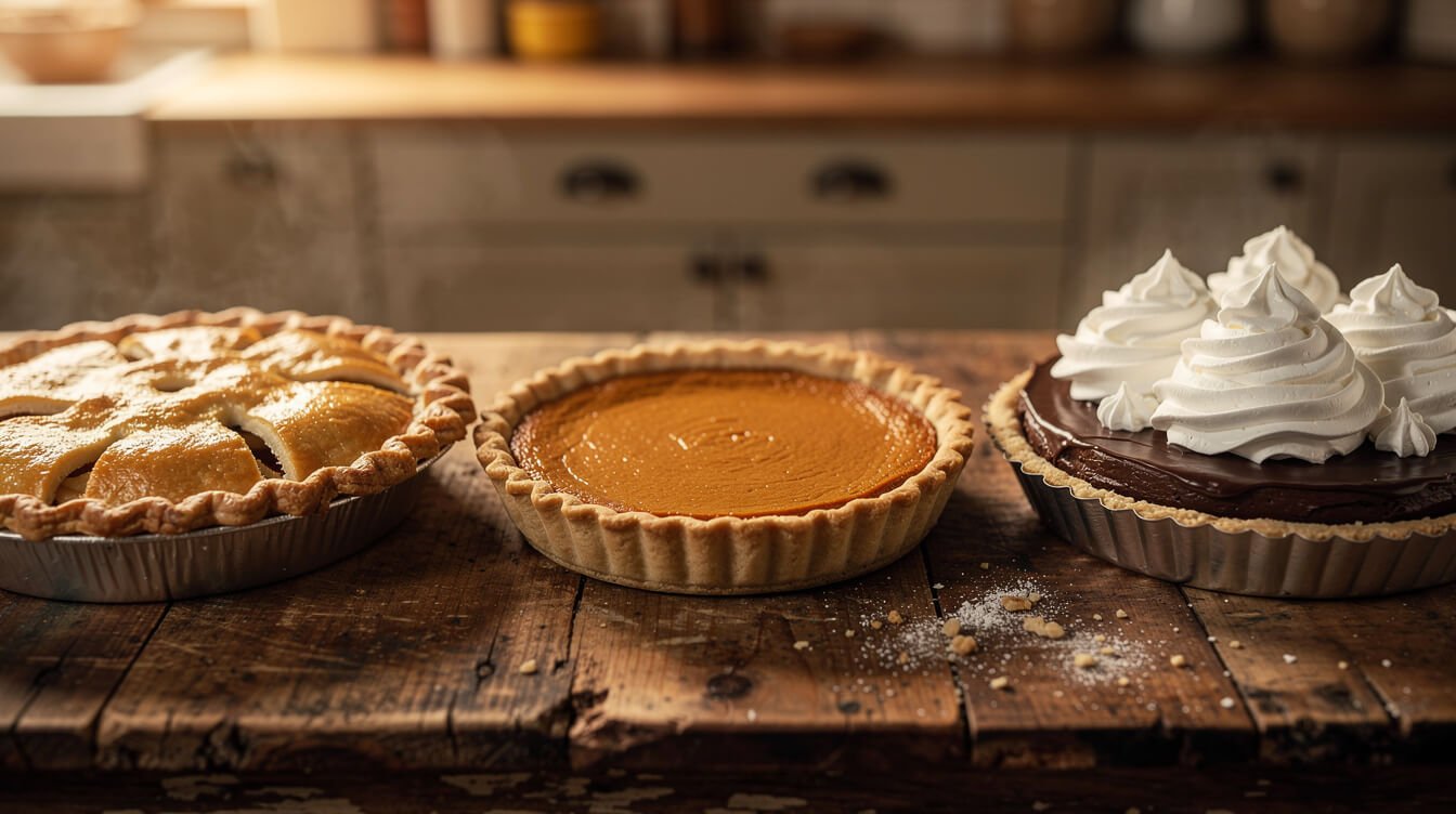 apple pie, pumpkin pie, and chocolate cream pie side by side, three pies with different blind baking needs