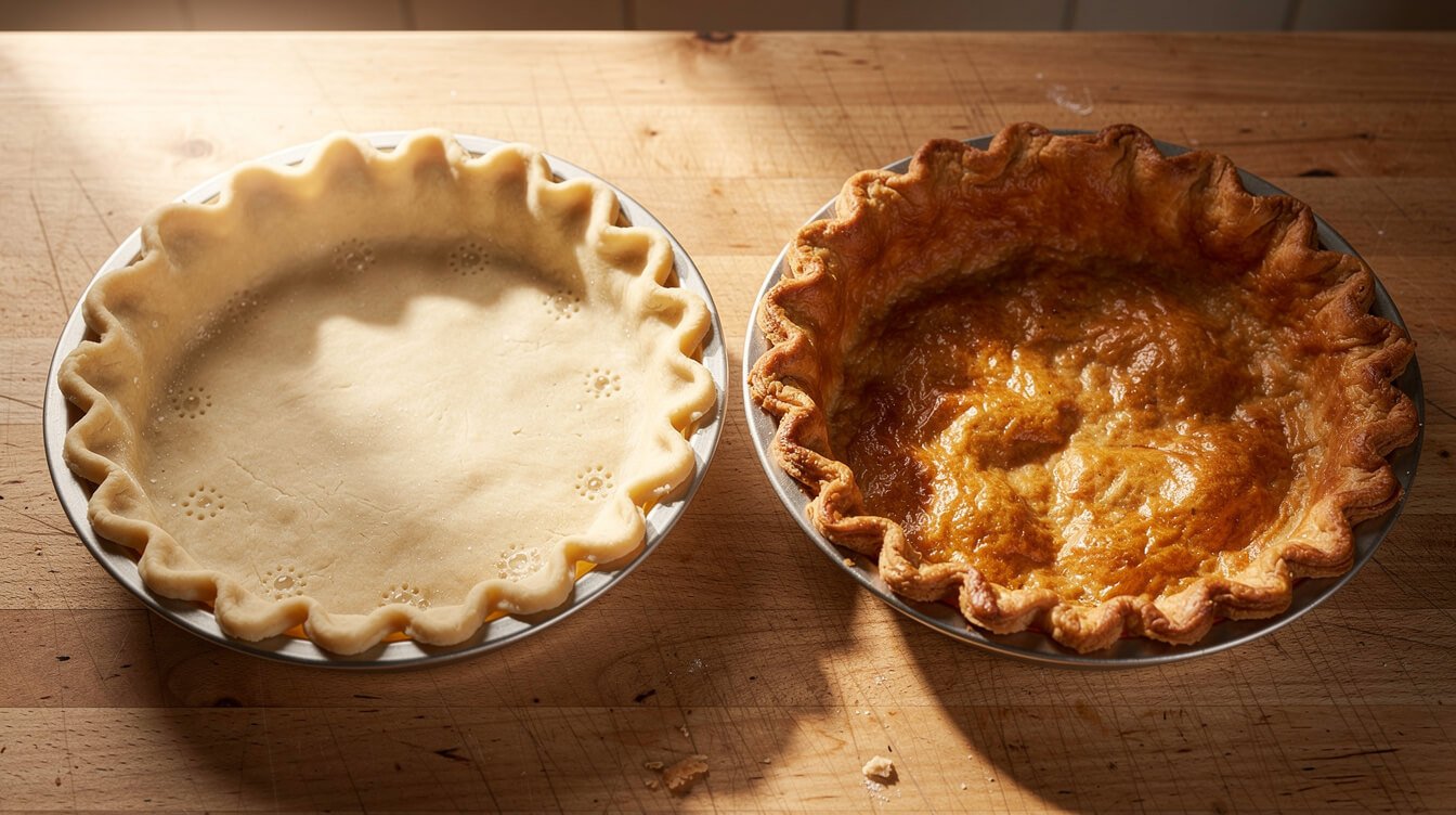 pale par-baked pie shell next to a golden fully baked pie shell