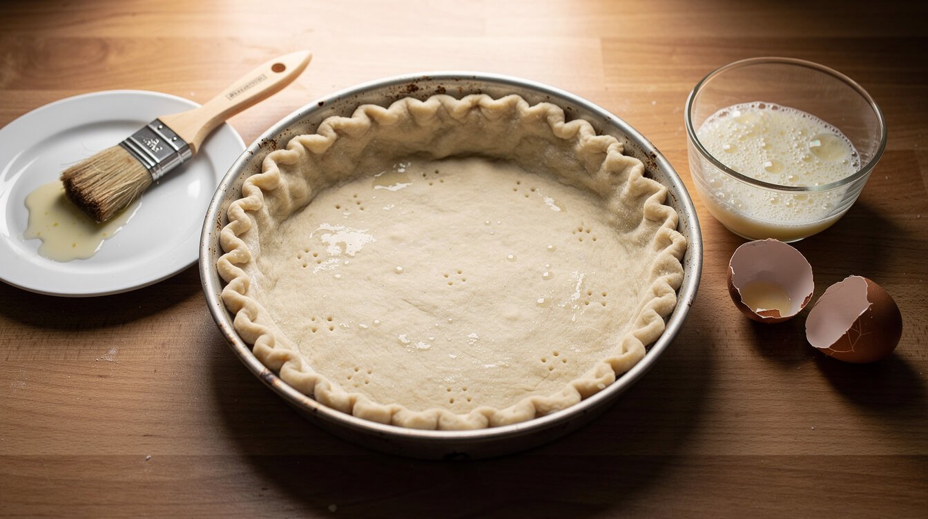 pastry brush and whisked egg white beside a par-baked pie crust ready to be sealed
