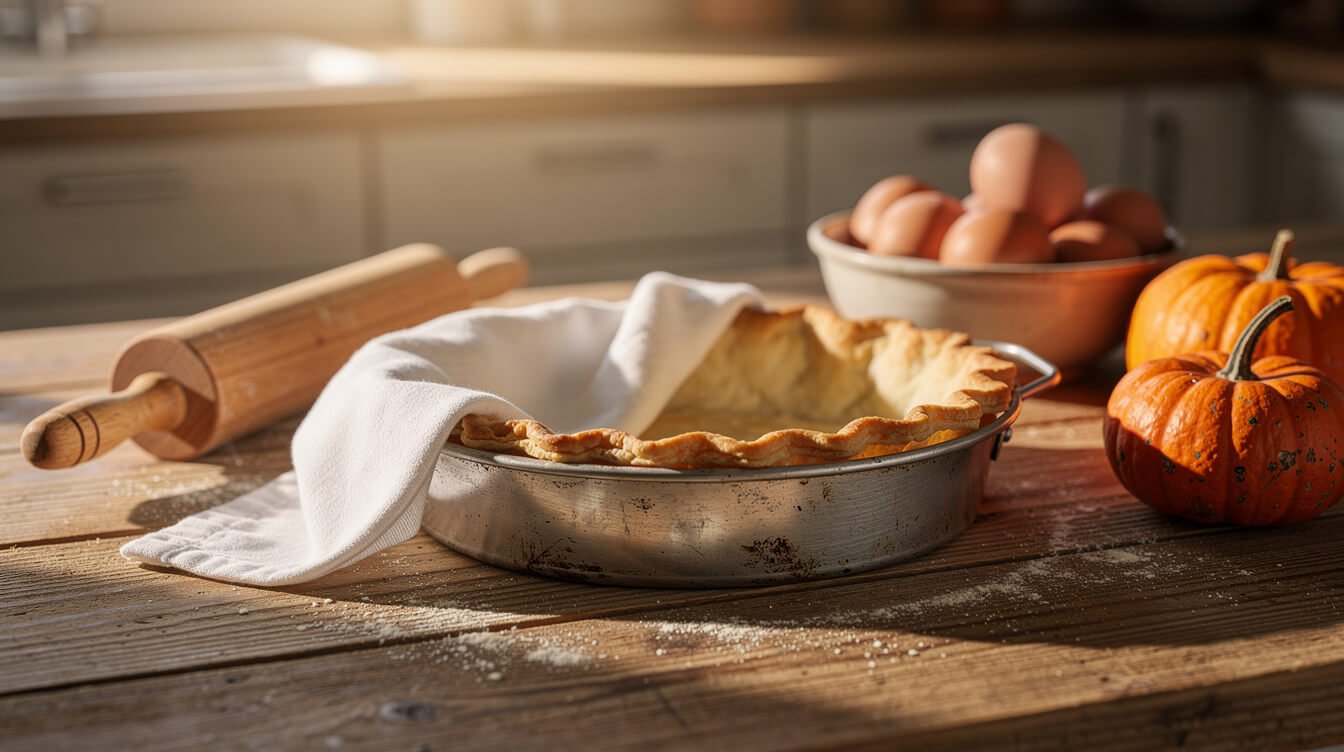 cooled par-baked pie shell covered with a kitchen towel, made a day ahead for Thanksgiving