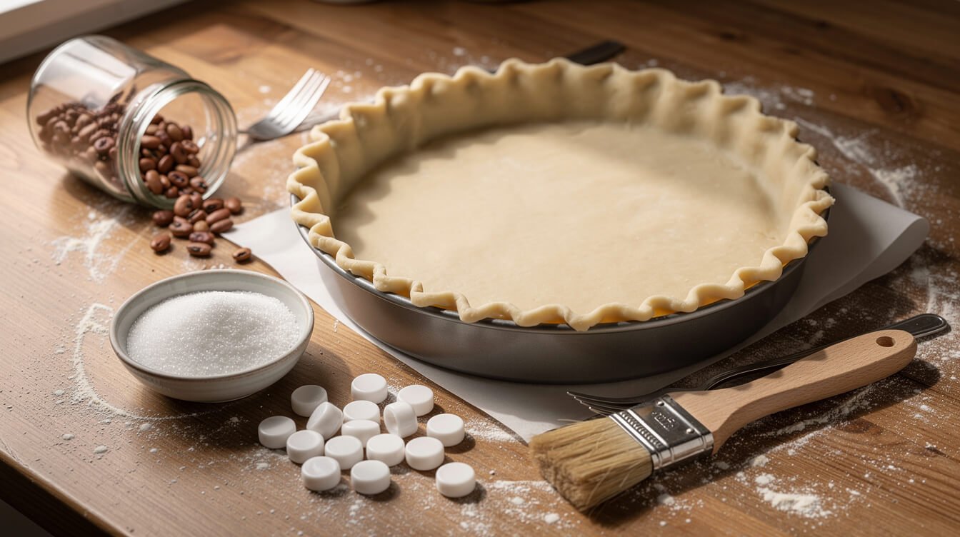 pie pan with unbaked dough, parchment paper, dried beans, sugar, and ceramic pie weights for blind baking