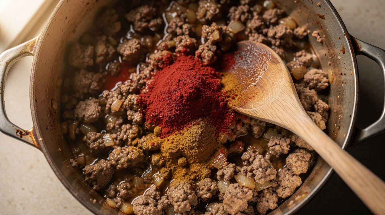 blooming chili powder and cumin in the pot with browned beef