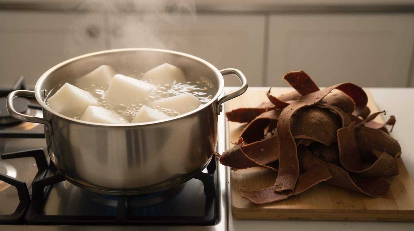 peeled chunks of true yam simmering in a pot with thick yam peel on a cutting board