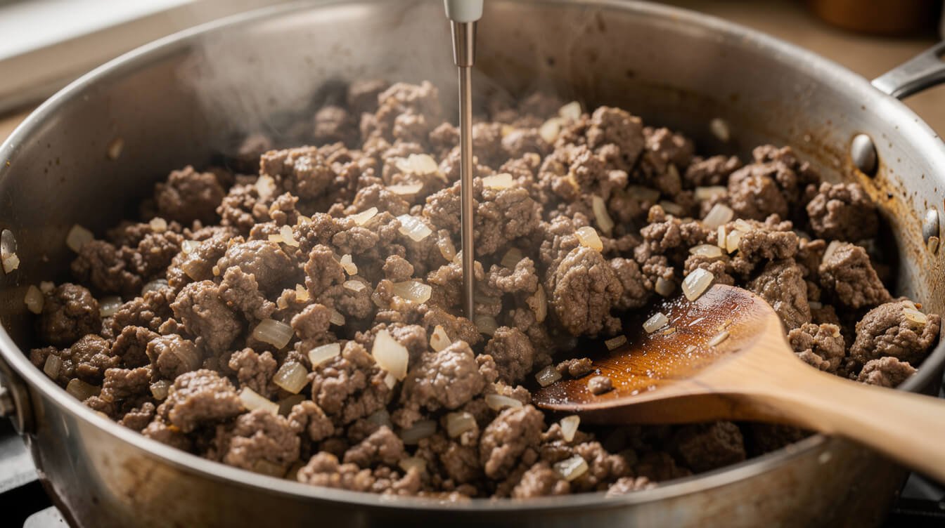 browned ground beef for chili with a thermometer probe