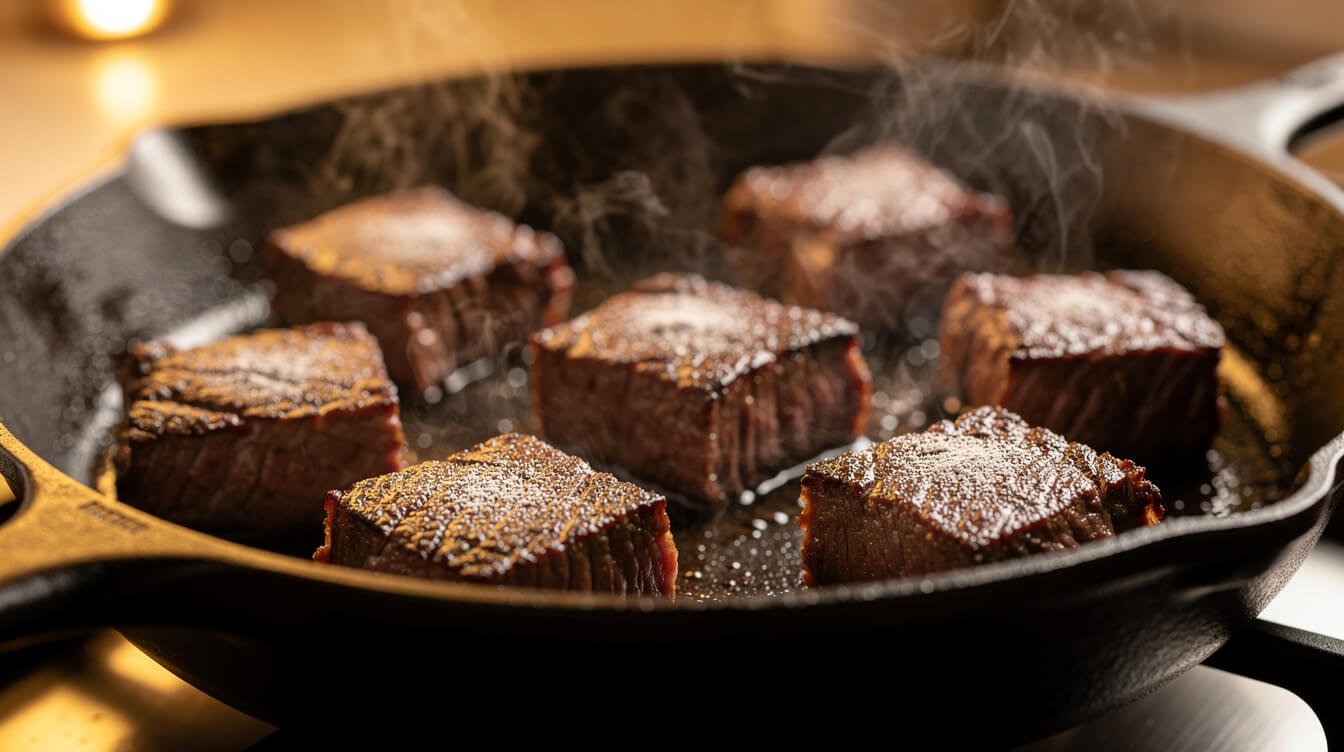 Browning flour-dusted beef cubes in a cast iron skillet before slow cooking