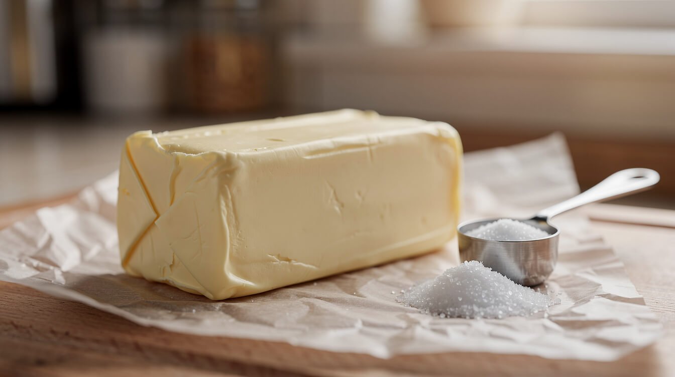 A stick of butter next to a quarter teaspoon of salt