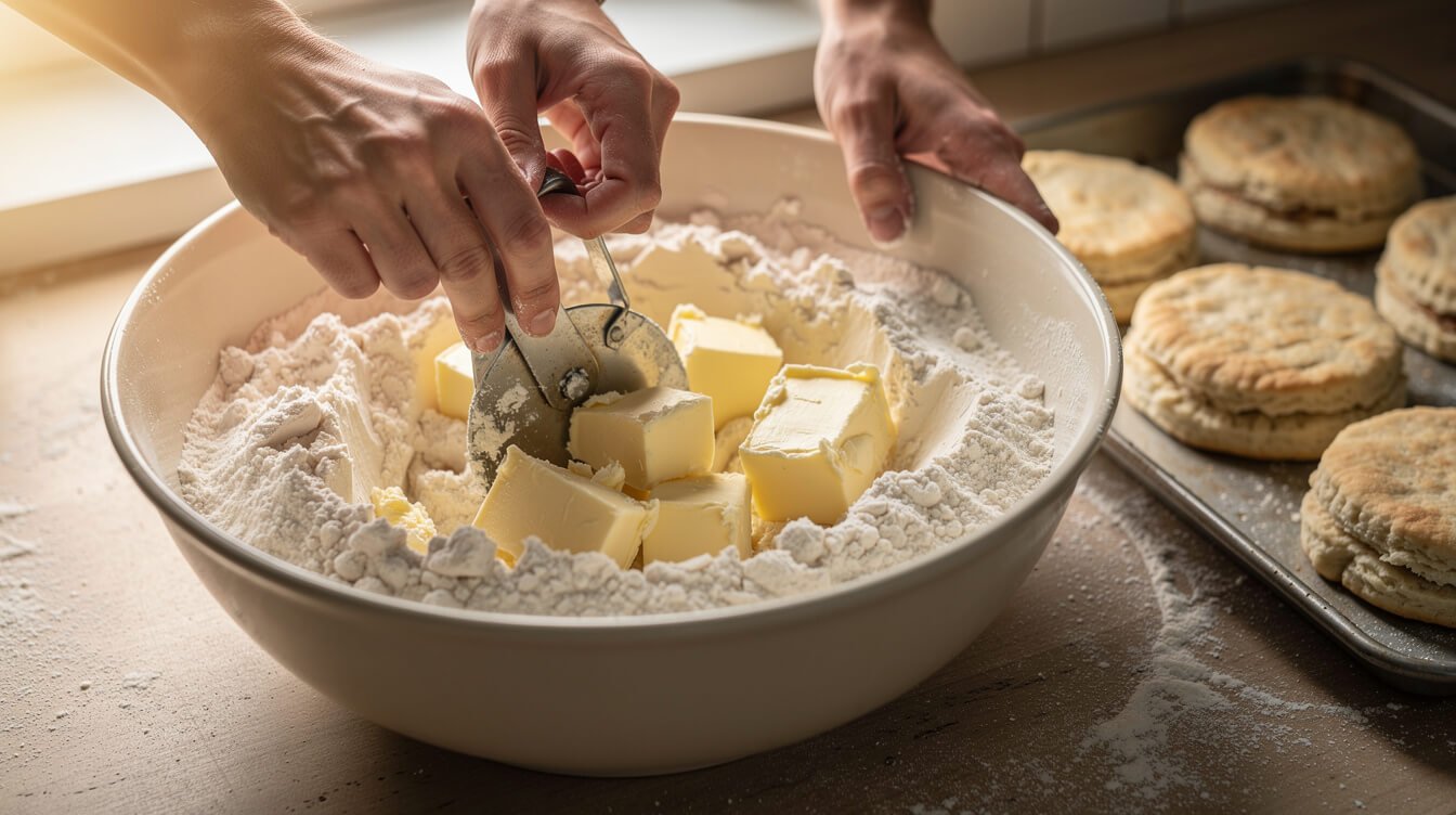 Cold solid fat cut into flour with a pastry cutter for biscuits and pie crust