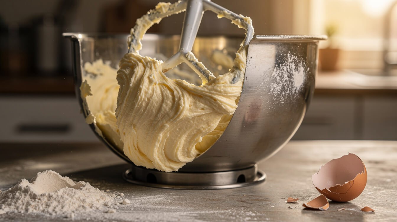 Creamed fat and sugar in a stand mixer bowl, a butter substitute in baking for cookies