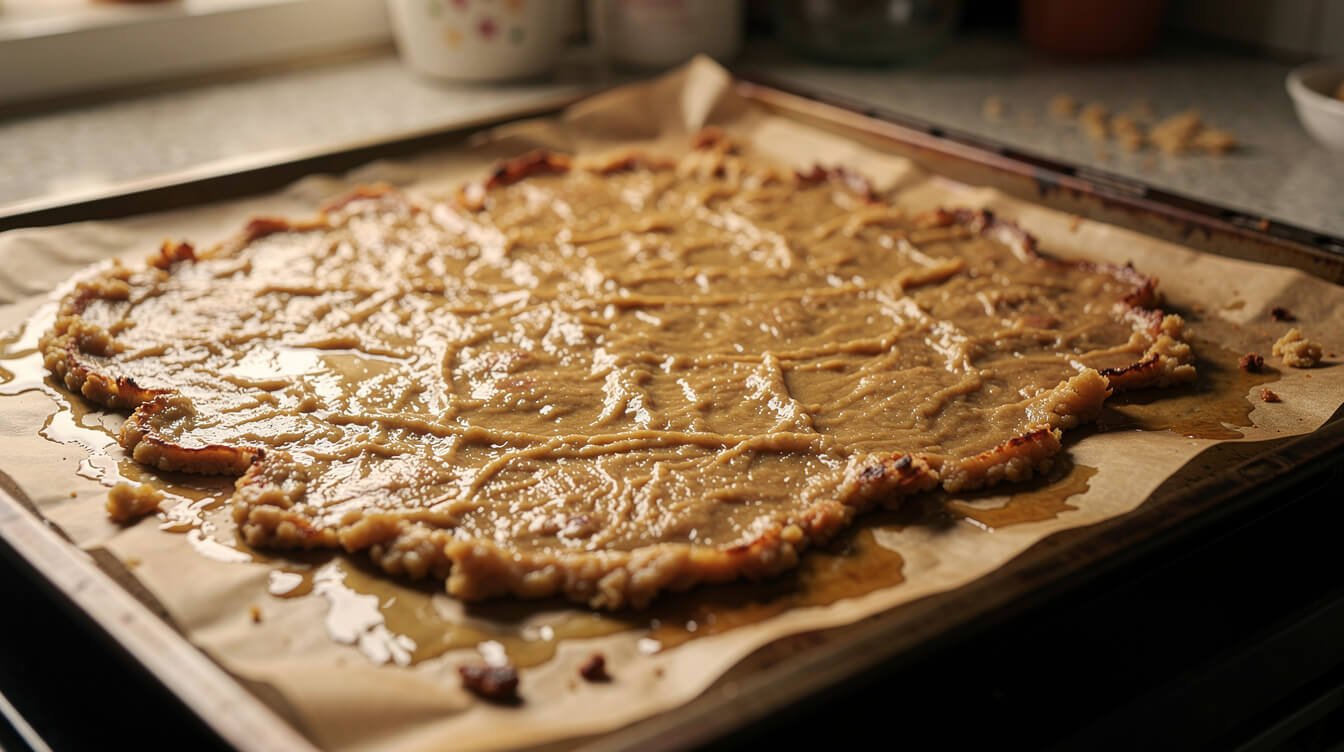 Cookies spread into one thin greasy sheet after a failed butter substitute in baking