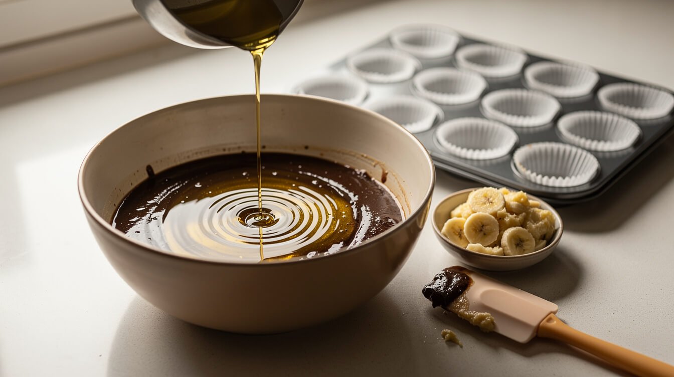 Oil poured into a one-bowl quick bread batter as a butter substitute in baking