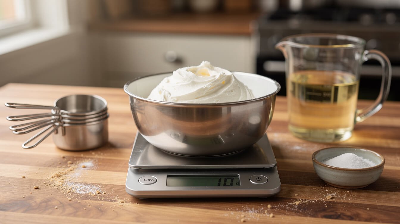 Kitchen scale and measuring cups for weighing a butter substitute in baking