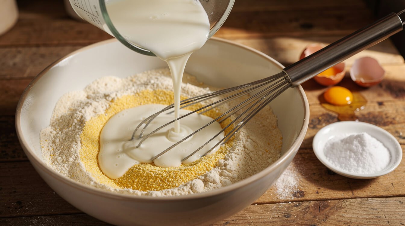 buttermilk being poured into cornmeal and flour for cornbread