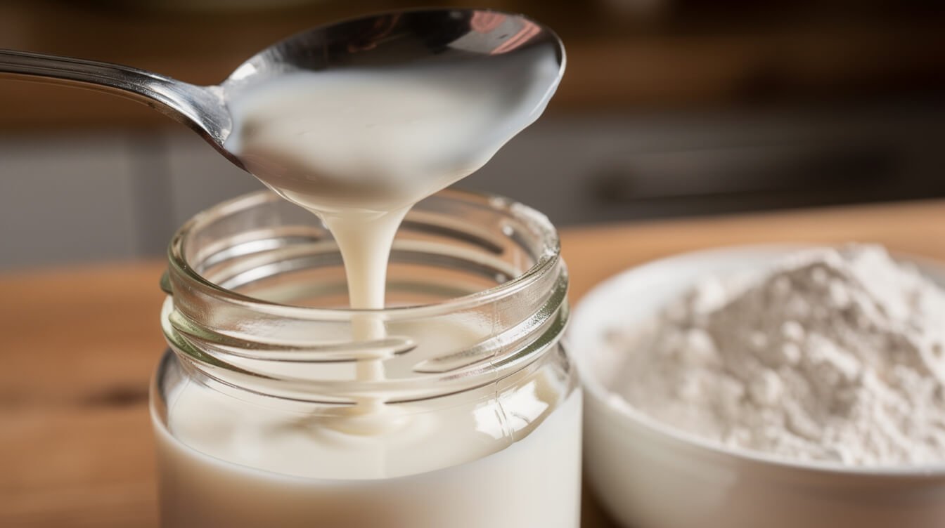 thick cultured buttermilk pouring from a spoon into a jar
