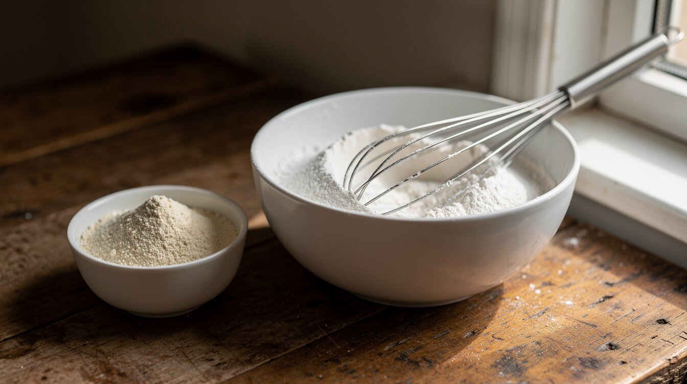 powdered buttermilk next to a bowl of flour and a whisk