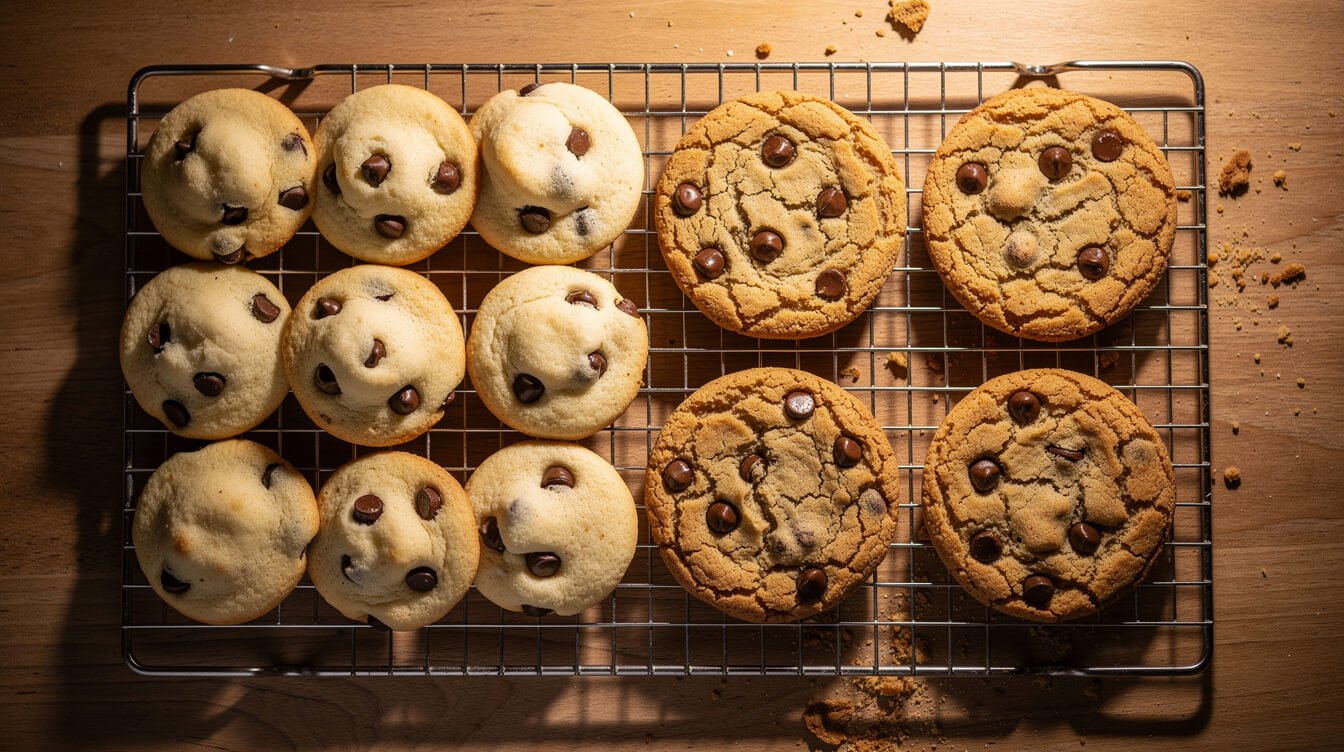 soft cakey cookies made with cake flour next to chewy cookies made with all-purpose flour