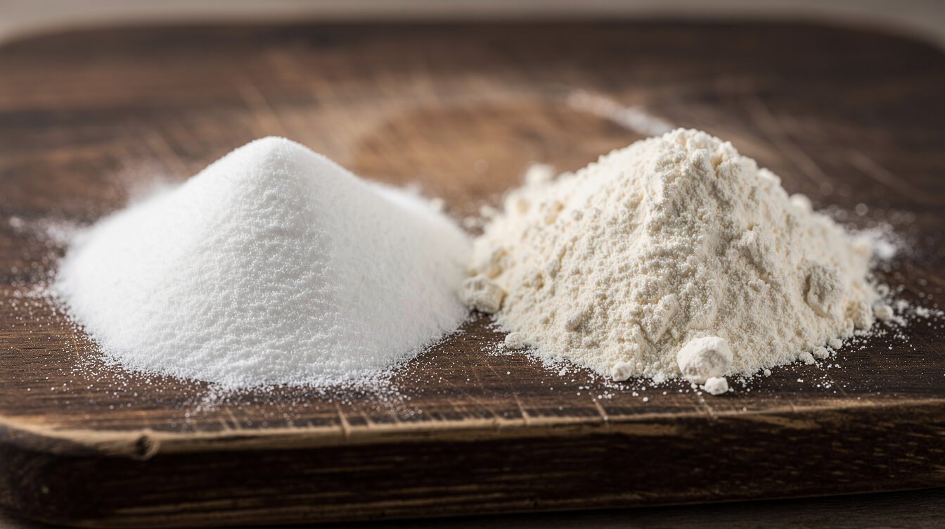 cake flour and all-purpose flour side by side showing the finer texture of cake flour