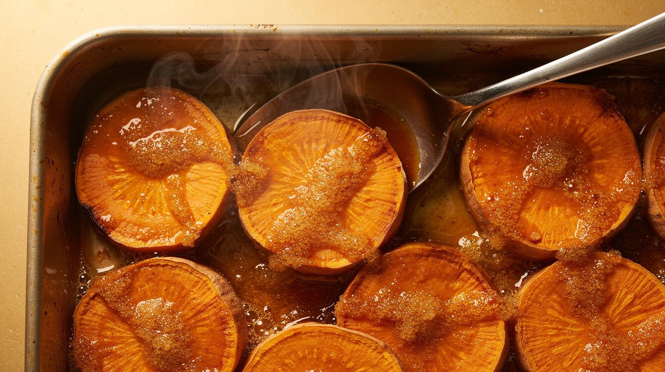 candied sweet potatoes glossy with brown sugar and butter glaze in a baking dish