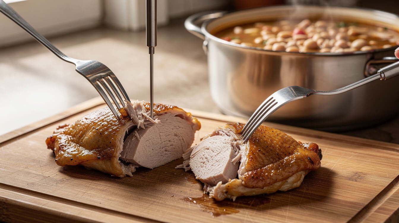 checking chicken for white chili with a thermometer