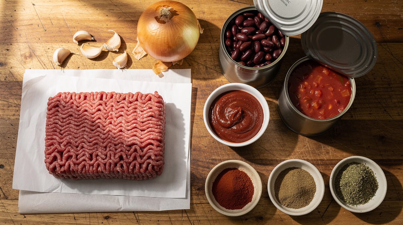 ingredients for an easy basic chili recipe on the counter