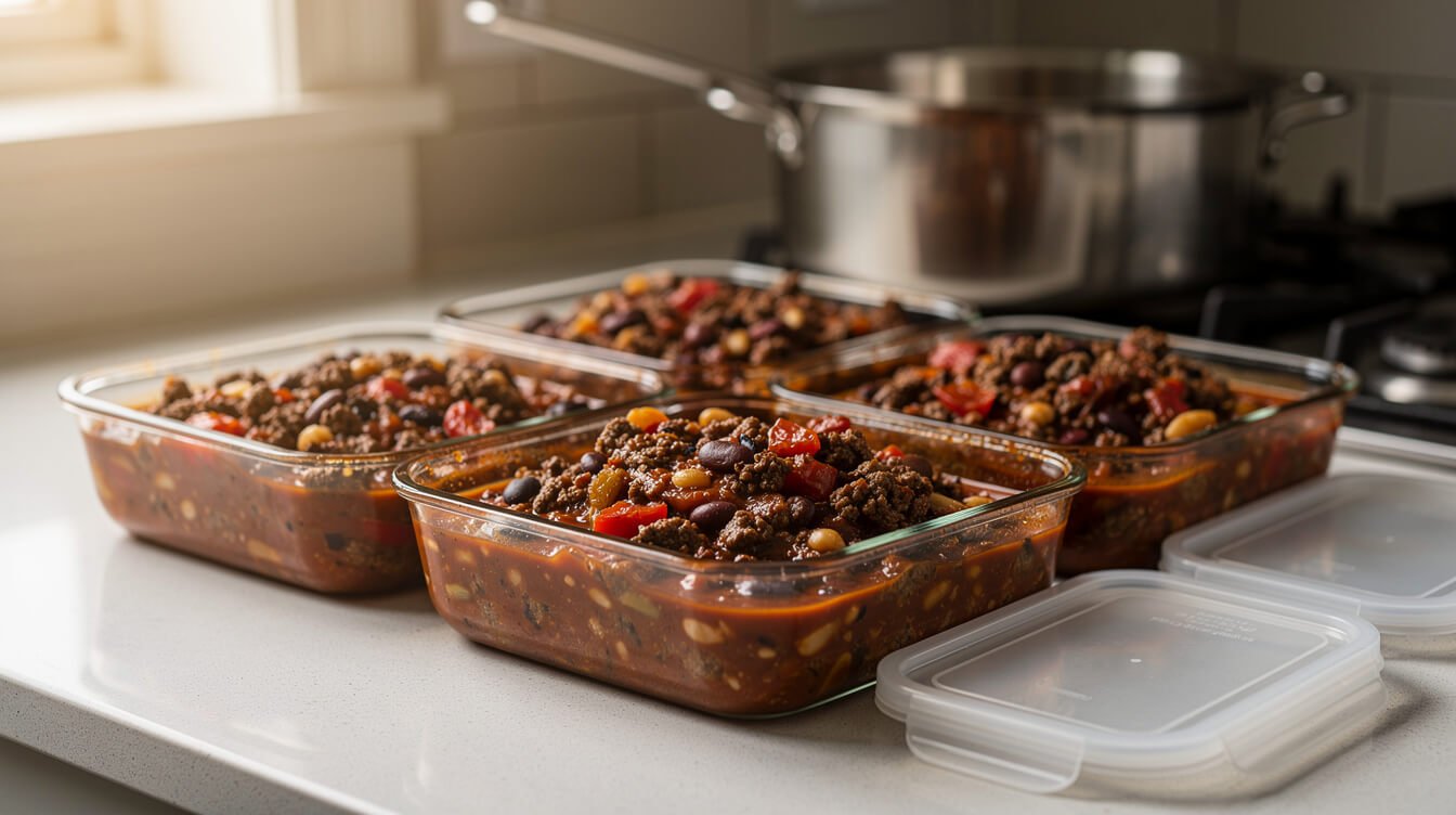 chili portioned into glass containers for the fridge