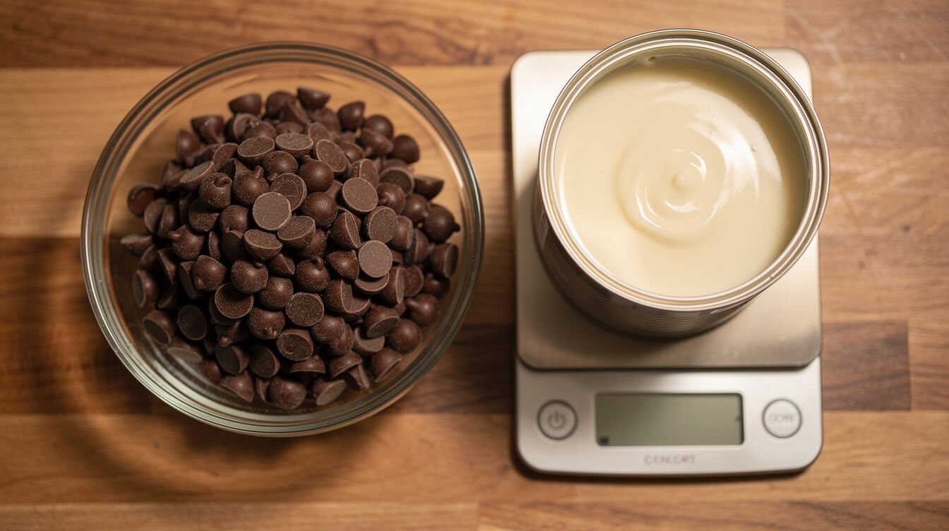 Semi-sweet chocolate chips and an open can of sweetened condensed milk on a kitchen scale