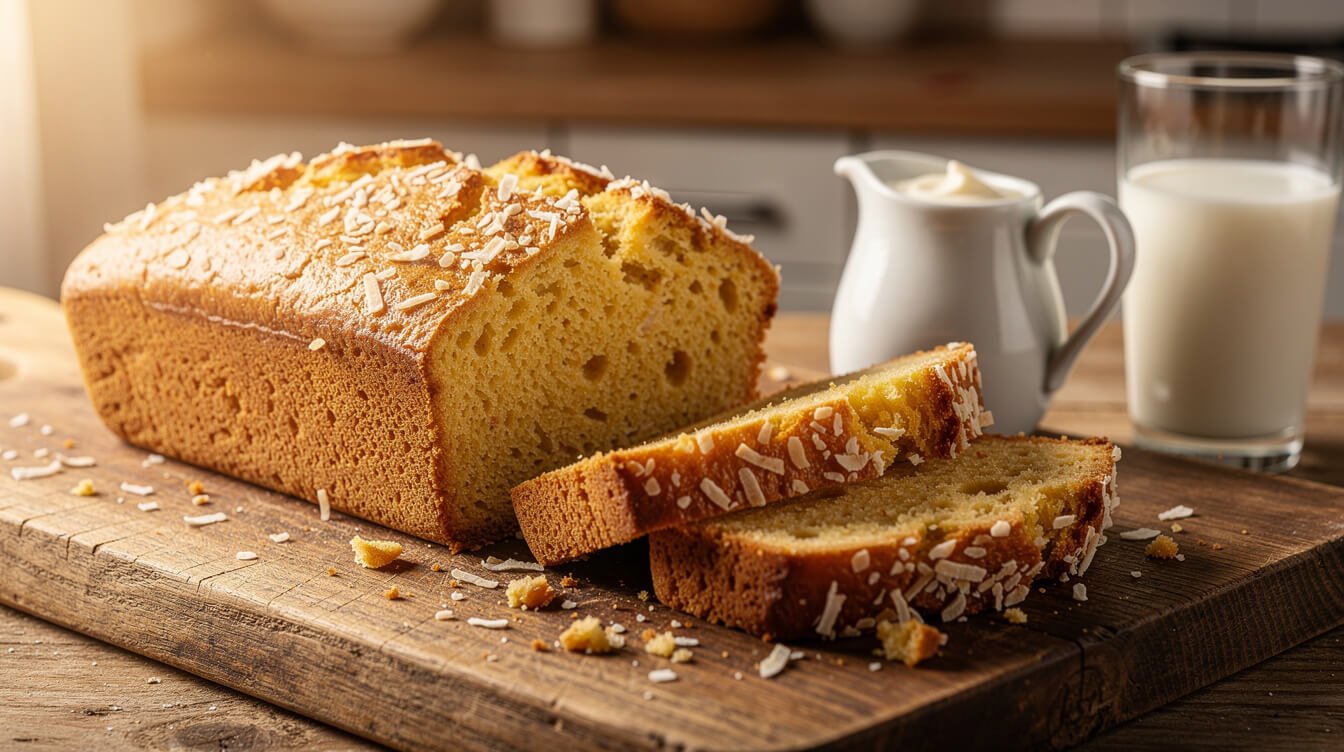 a sliced loaf cake baked with a cream and milk mix in place of coconut milk