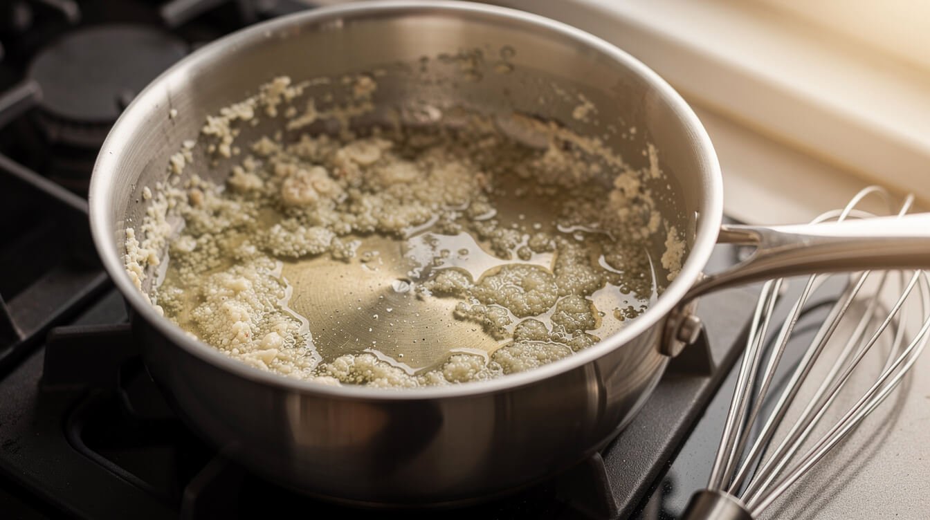 a cream sauce that has curdled into grainy specks in a saucepan