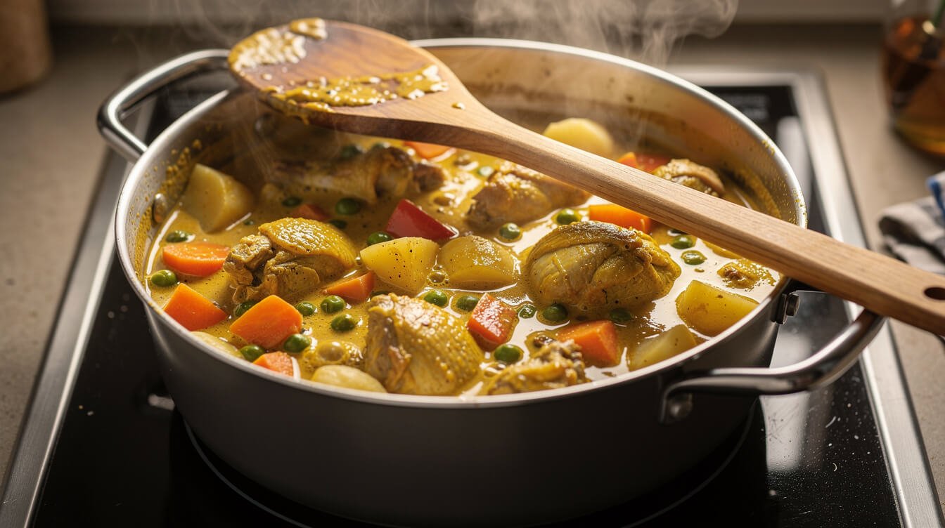 chicken and vegetable curry made with heavy cream instead of coconut milk, simmering on the stove