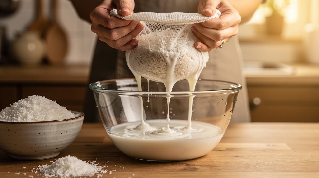 straining homemade coconut milk from blended shredded coconut through a nut milk bag