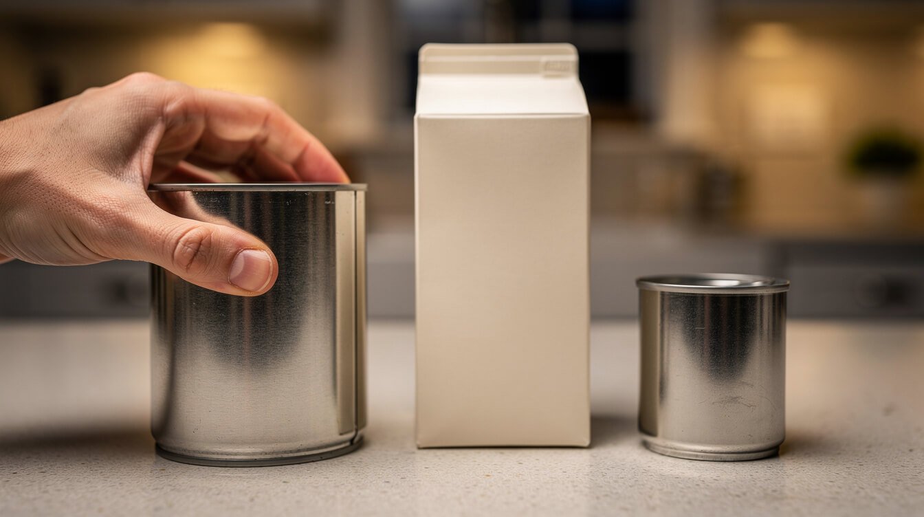 a can and a carton side by side on a kitchen counter, checking which one is coconut milk