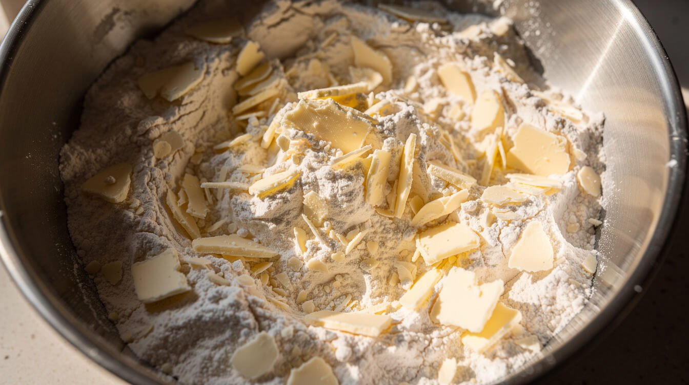 flat flakes of cold butter worked into flour for an all-butter pie crust