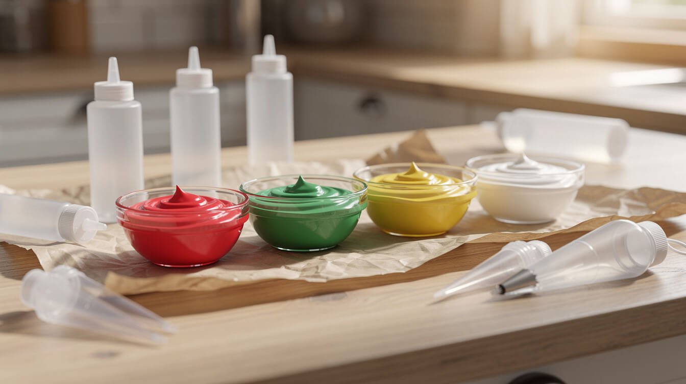 small bowls of red, green, yellow, and white royal icing with squeeze bottles and piping bags