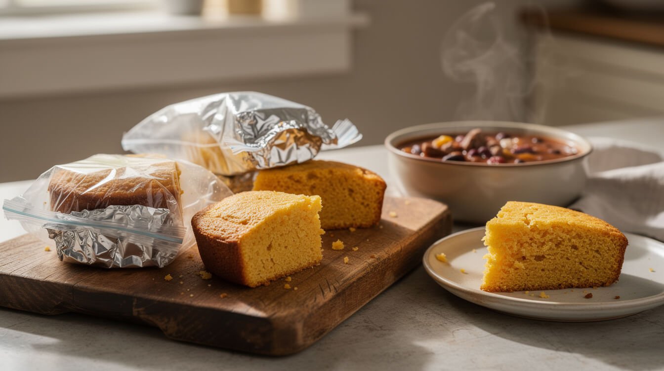 leftover cornbread wedges wrapped for storage next to a bowl of chili