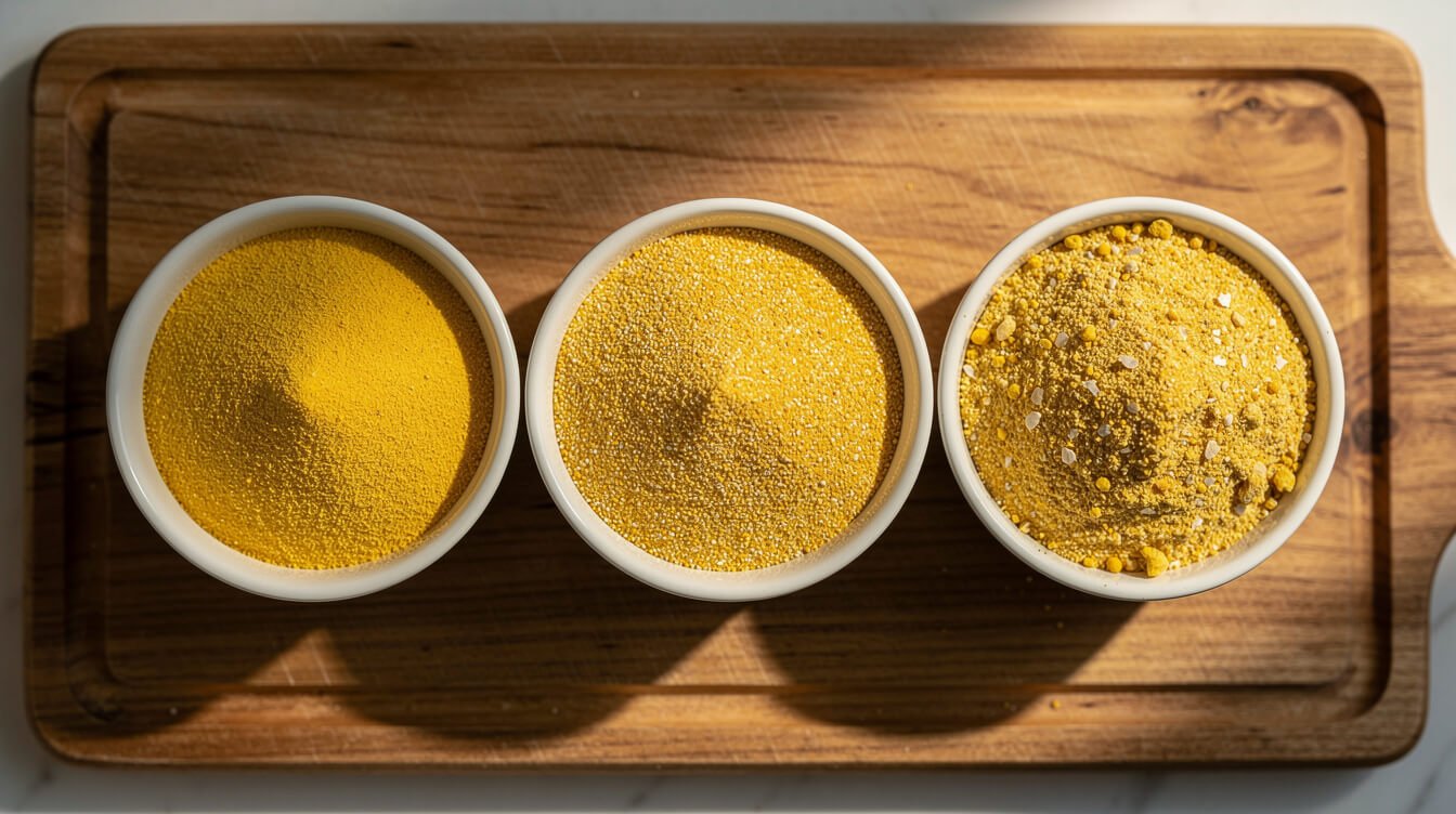 fine, medium, and coarse stone-ground cornmeal side by side