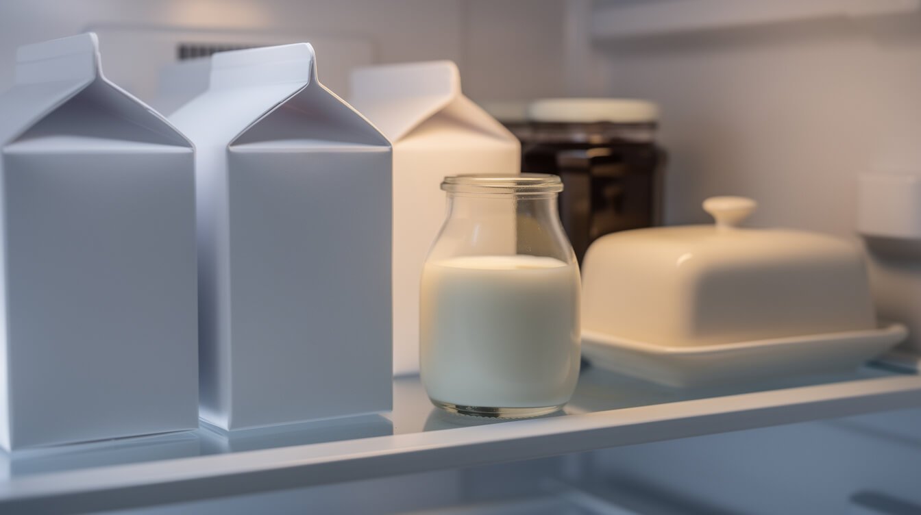 cartons of heavy cream and whipping cream on a refrigerator shelf
