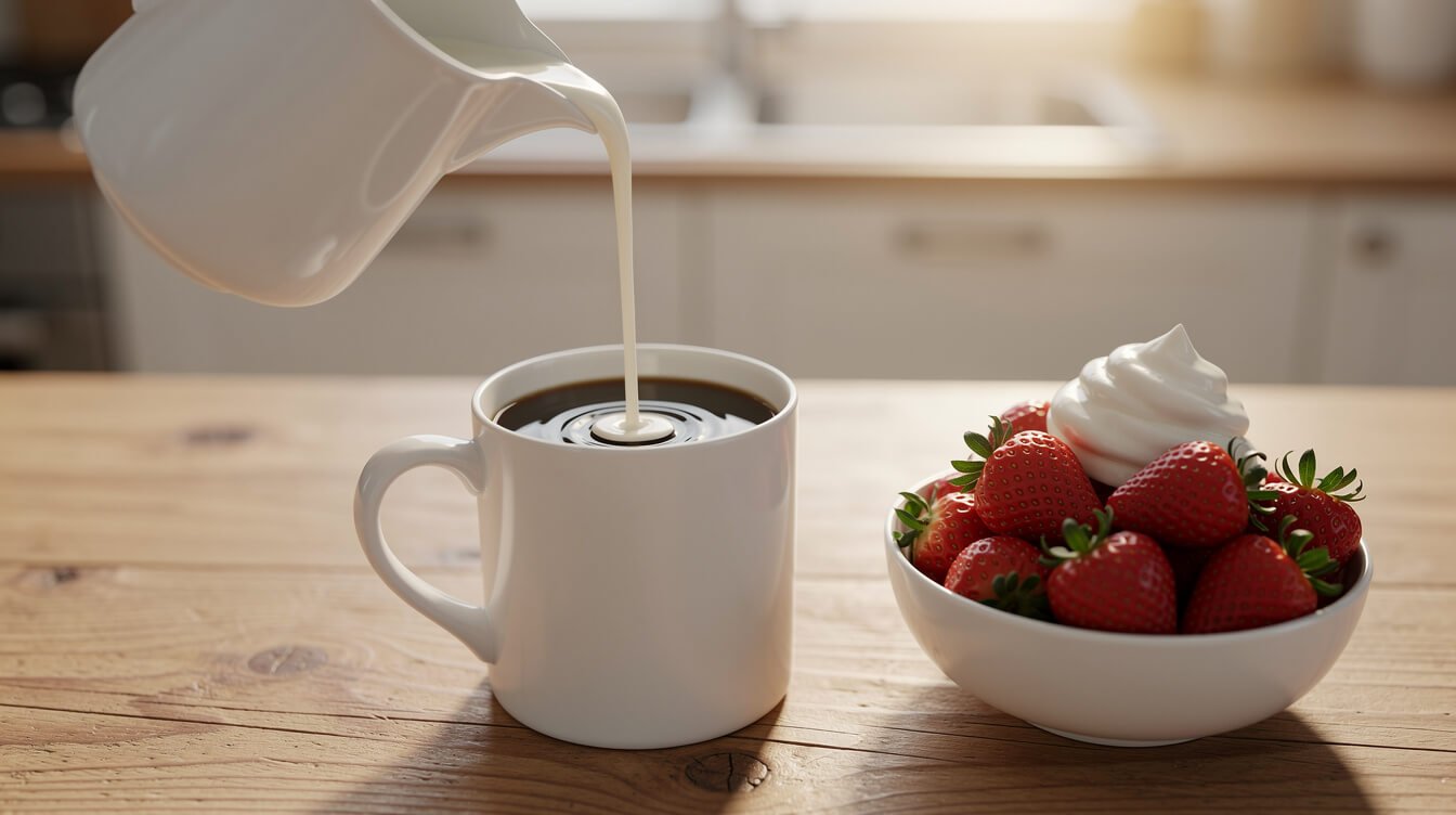 cream poured into coffee next to strawberries with whipped cream