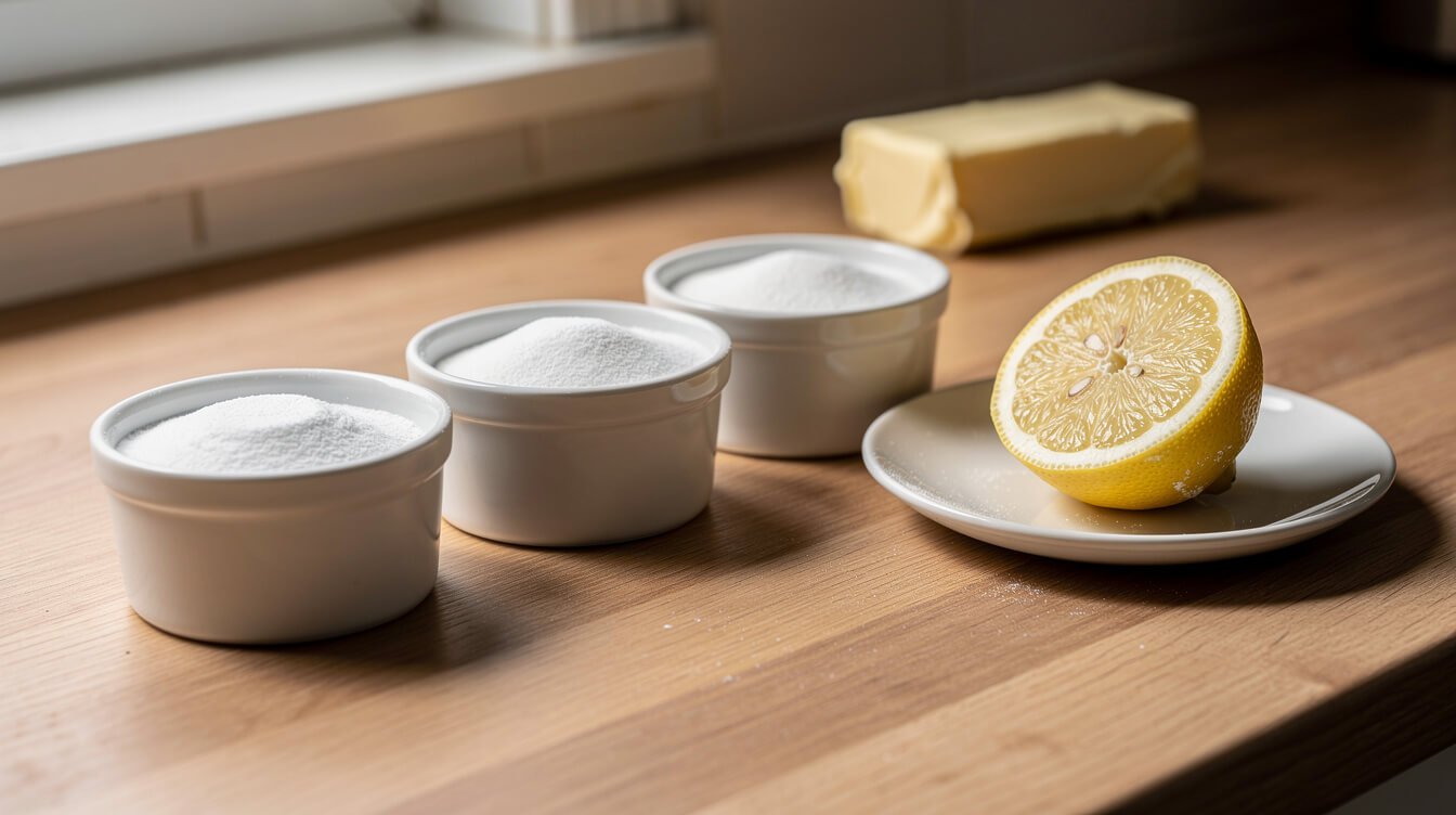 small bowls of baking powder and baking soda next to a halved lemon